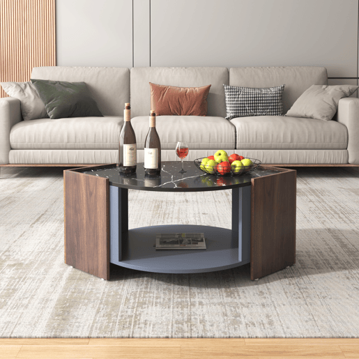 Mesa de centro - design estruturado com mármore e nogueira - linhas únicas - Preto
