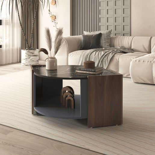 Mesa de centro - design estruturado com mármore e nogueira - linhas únicas - Preto