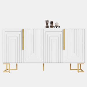 Aparador 152 x 40 x 75 cm - design geométrico com puxadores e pés dourados - branco