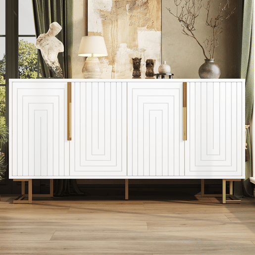 Aparador 152 x 40 x 75 cm - design geométrico com puxadores e pés dourados - branco Aparador 152 x 40 x 75 cm - design geométrico com puxadores e pés dourados - branco