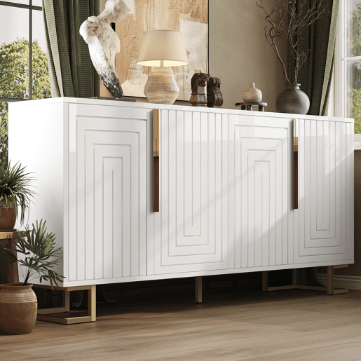 Aparador 152 x 40 x 75 cm - design geométrico com puxadores e pés dourados - branco Aparador 152 x 40 x 75 cm - design geométrico com puxadores e pés dourados - branco