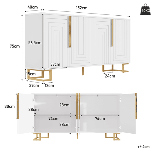 Aparador 152 x 40 x 75 cm - design geométrico com puxadores e pés dourados - branco Aparador 152 x 40 x 75 cm - design geométrico com puxadores e pés dourados - branco