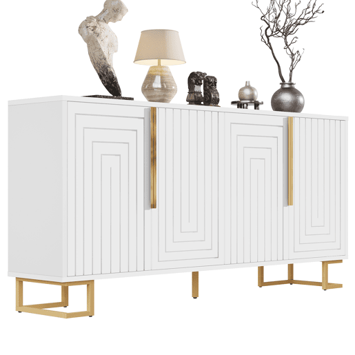 Aparador 152 x 40 x 75 cm - design geométrico com puxadores e pés dourados - branco Aparador 152 x 40 x 75 cm - design geométrico com puxadores e pés dourados - branco