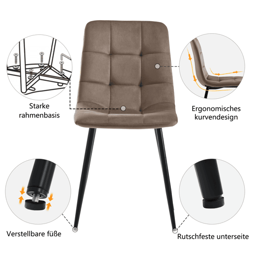 Conjunto de 4 cadeiras de jantar - Cadeira de design com encosto, assento em veludo, estrutura em metal - Castanho