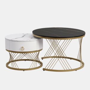Mesa de centro empilhável 2 peças - Marmoroptik, decorações douradas, mesa auxiliar com gavetas - Preto