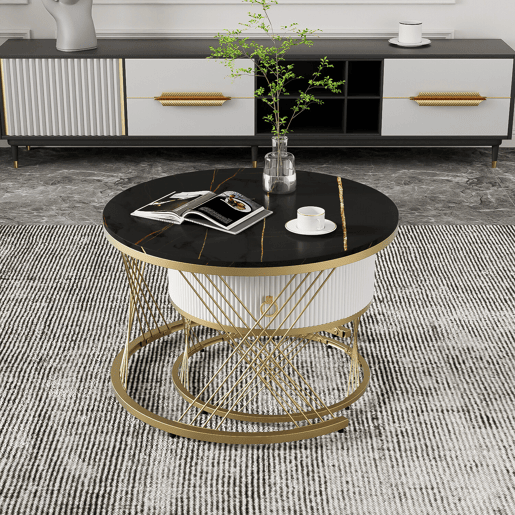 Mesa de centro empilhável 2 peças - Marmoroptik, decorações douradas, mesa auxiliar com gavetas - Preto