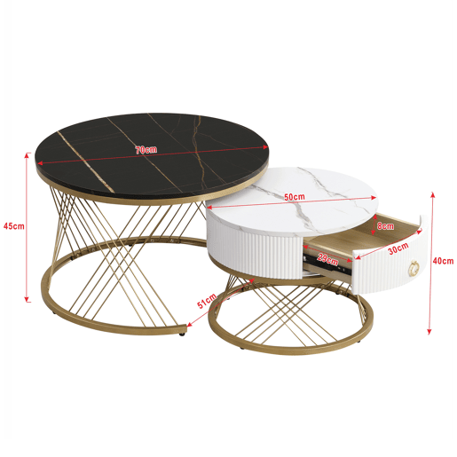Mesa de centro empilhável 2 peças - Marmoroptik, decorações douradas, mesa auxiliar com gavetas - Preto