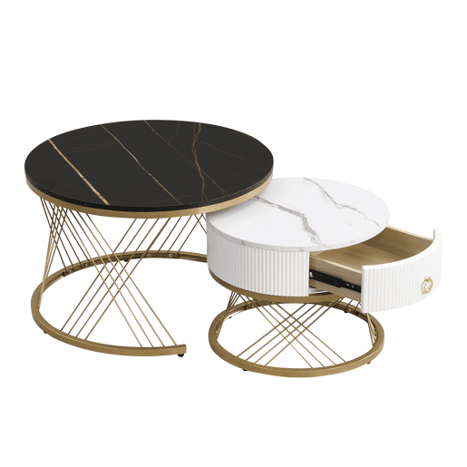 Mesa de centro empilhável 2 peças - Marmoroptik, decorações douradas, mesa auxiliar com gavetas - Preto