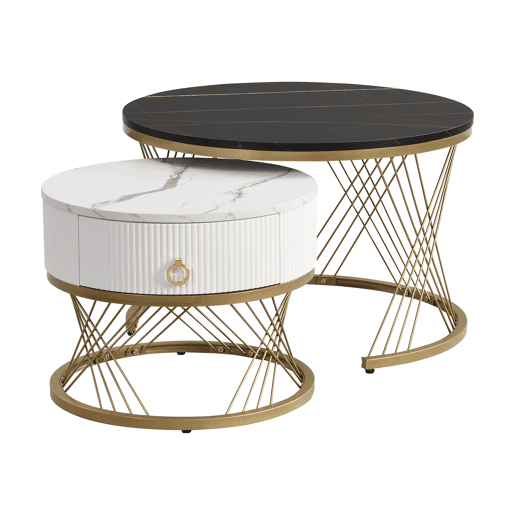 Mesa de centro empilhável 2 peças - Marmoroptik, decorações douradas, mesa auxiliar com gavetas - Preto