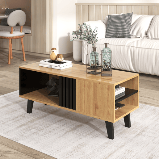 Mesa de centro 100 x 60 x 45 cm - Design em madeira colorida e preta, mesa de sala com gavetas - Natural