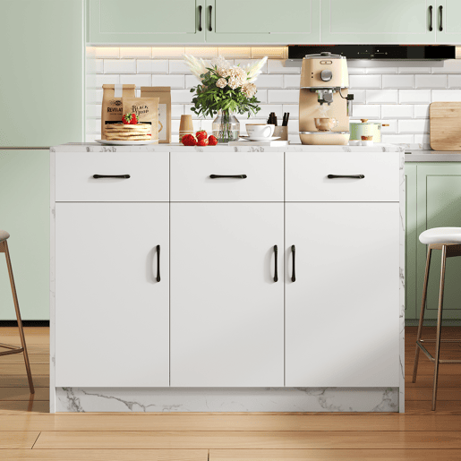 Ilha de cozinha grande 120x60x90,5 cm - 3 gavetas, 3 portas, design em mármore branco, prateleiras ajustáveis, gavetas silenciosas, zona de bar - Branco