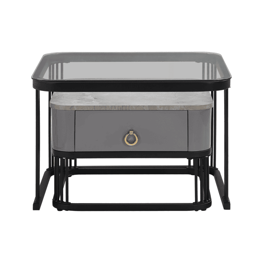 Mesa de centro empilhável - 2 peças - alto brilho com design em mármore e vidro, pernas pretas, com gavetas
