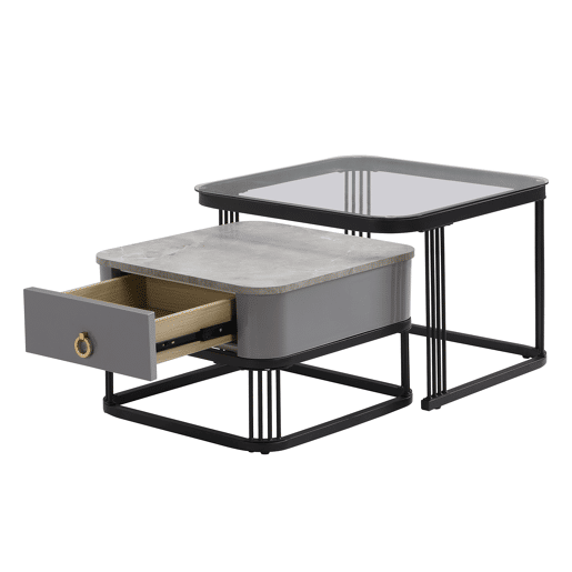 Mesa de centro empilhável - 2 peças - alto brilho com design em mármore e vidro, pernas pretas, com gavetas