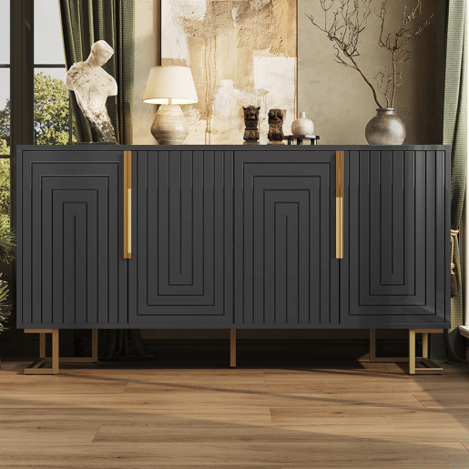 Aparador 152 x 40 x 75 cm - design geométrico com puxadores e pés dourados - preto Aparador 152 x 40 x 75 cm - design geométrico com puxadores e pés dourados - preto