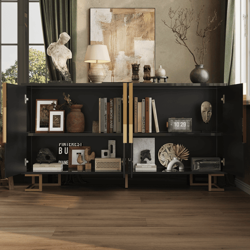Aparador 152 x 40 x 75 cm - design geométrico com puxadores e pés dourados - preto Aparador 152 x 40 x 75 cm - design geométrico com puxadores e pés dourados - preto