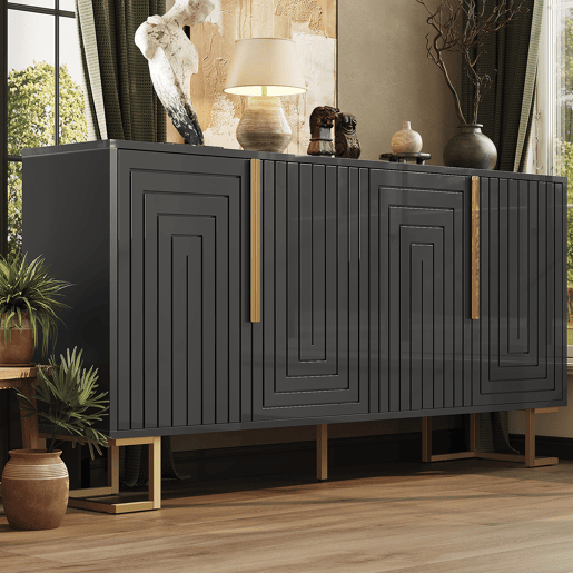 Aparador 152 x 40 x 75 cm - design geométrico com puxadores e pés dourados - preto Aparador 152 x 40 x 75 cm - design geométrico com puxadores e pés dourados - preto
