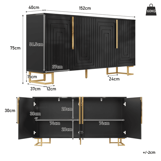 Aparador 152 x 40 x 75 cm - design geométrico com puxadores e pés dourados - preto Aparador 152 x 40 x 75 cm - design geométrico com puxadores e pés dourados - preto