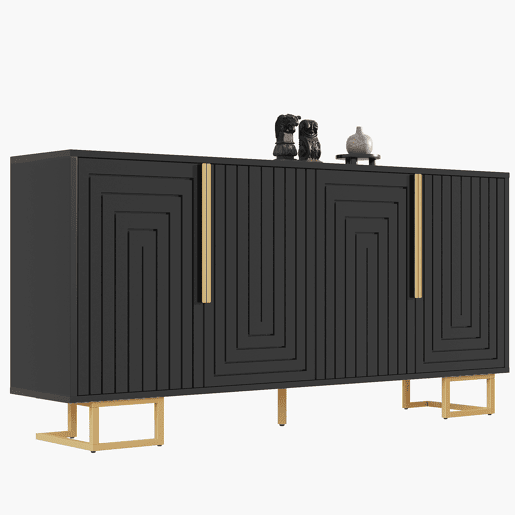 Aparador 152 x 40 x 75 cm - design geométrico com puxadores e pés dourados - preto Aparador 152 x 40 x 75 cm - design geométrico com puxadores e pés dourados - preto