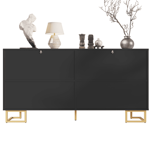 Aparador 152 x 40 x 75 cm - design geométrico com puxadores e pés dourados - preto Aparador 152 x 40 x 75 cm - design geométrico com puxadores e pés dourados - preto