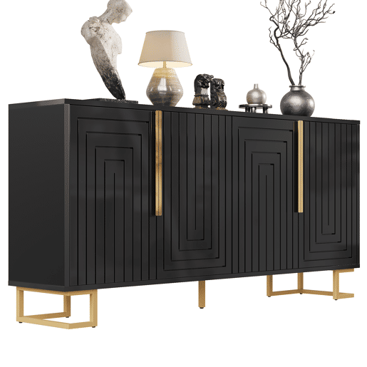Aparador 152 x 40 x 75 cm - design geométrico com puxadores e pés dourados - preto Aparador 152 x 40 x 75 cm - design geométrico com puxadores e pés dourados - preto