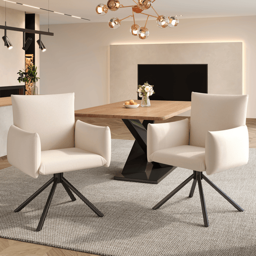 Cadeira de jantar 2er Set - Cadeira almofadada com 4 pernas metálicas, giratória 360°, com apoio lombar - Bege