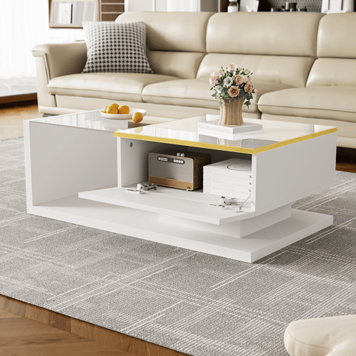 Mesa de centro 90 cm - Com vidro e efeito LED - Branco brilhante