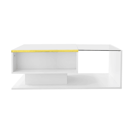 Mesa de centro 90 cm - Com vidro e efeito LED - Branco brilhante