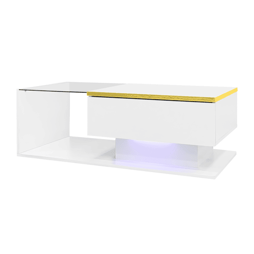 Mesa de centro 90 cm - Com vidro e efeito LED - Branco brilhante