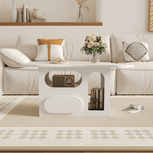Mesa de centro 97x45x43,5 cm - Mesa de centro com gavetas, design em forma de nuvem, com prateleiras abertas - Branco