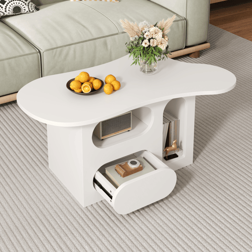 Mesa de centro 97x45x43,5 cm - Mesa de centro com gavetas, design em forma de nuvem, com prateleiras abertas - Branco