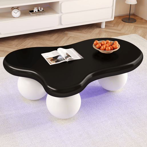 Mesa de centro estilo nuvens - Design com iluminação LED, formato de nuvem, pernas redondas, ideal para salas modernas e quartos infantis - Preto e Branco