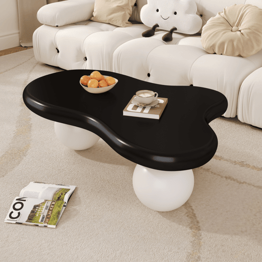 Mesa de centro estilo nuvens - Design com iluminação LED, formato de nuvem, pernas redondas, ideal para salas modernas e quartos infantis - Preto e Branco