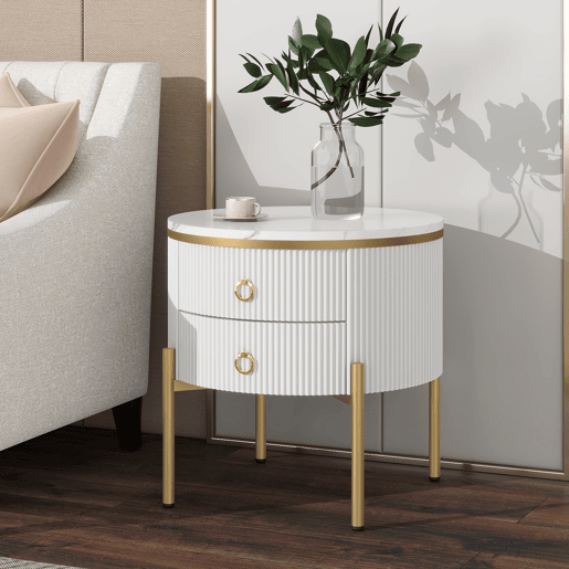 Mesa auxiliar - com gavetas, superfície especial, estrutura em mármore, pernas e puxadores dourados, ajustável - Branco
