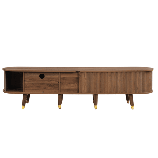 Móvel de TV 175 cm - Porta deslizante em rattan, design em imitação de nogueira, com arrumação - Nogueira