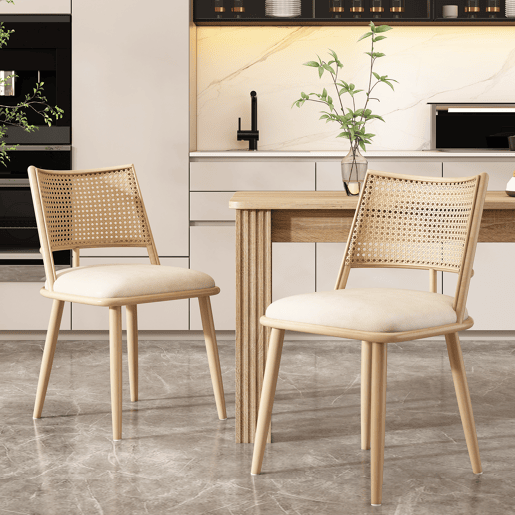 Cadeira de sala - PU, encosto em rattan - Bege