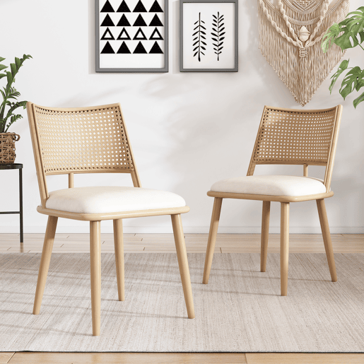 Cadeira de sala - PU, encosto em rattan - Bege