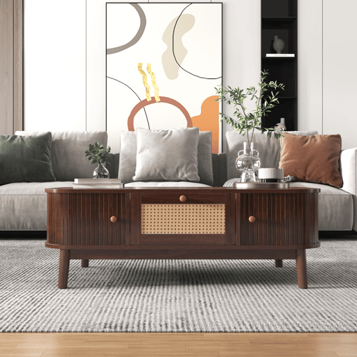 Mesa de centro - Rattan, com gavetas e portas deslizantes em madeira maciça, pernas em madeira maciça, estilo rústico natural