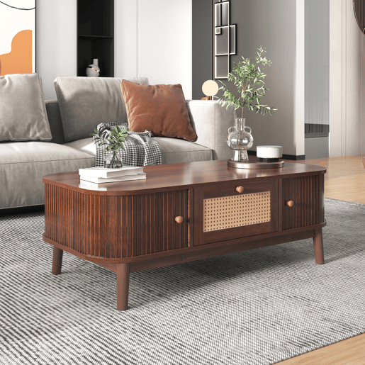 Mesa de centro - Rattan, com gavetas e portas deslizantes em madeira maciça, pernas em madeira maciça, estilo rústico natural