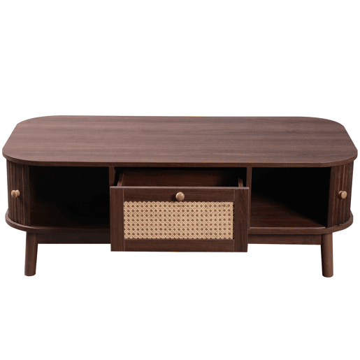 Mesa de centro - Rattan, com gavetas e portas deslizantes em madeira maciça, pernas em madeira maciça, estilo rústico natural