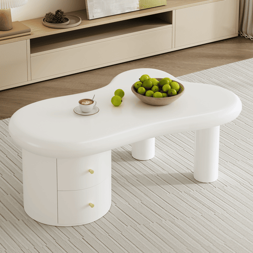 Mesa de centro moderna - Forma irregular - 2 gavetas, economia de espaço, estilo, estável - Branco
