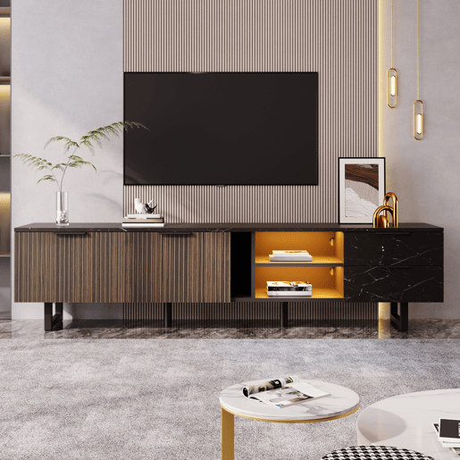 Móvel de TV 200 cm - com imitação de mármore preto, portas de madeira com veios escuros, iluminação LED ajustável, 2 portas e 2 gavetas - Preto