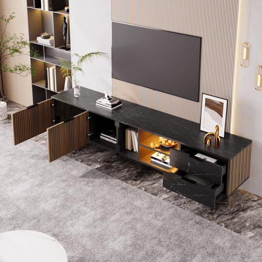 Móvel de TV 200 cm - com imitação de mármore preto, portas de madeira com veios escuros, iluminação LED ajustável, 2 portas e 2 gavetas - Preto
