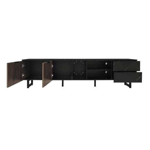 Móvel de TV 200 cm - com imitação de mármore preto, portas de madeira com veios escuros, iluminação LED ajustável, 2 portas e 2 gavetas - Preto