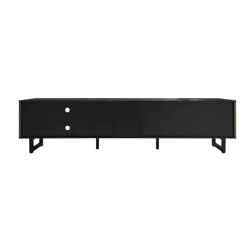 Móvel de TV 200 cm - com imitação de mármore preto, portas de madeira com veios escuros, iluminação LED ajustável, 2 portas e 2 gavetas - Preto