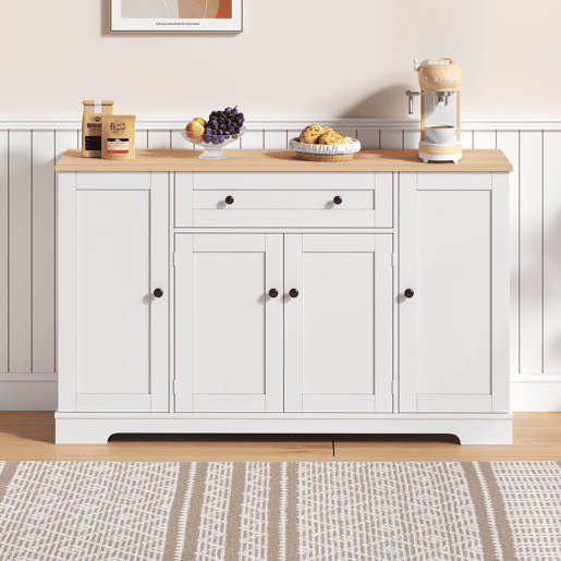 Buffet multifuncional 138 cm - Com gaveta, portas com prateleiras e prateleiras ajustáveis - Design moderno com proteção antiderrapante