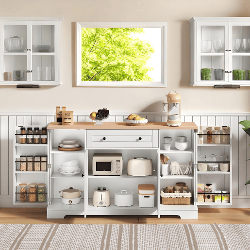Buffet multifuncional 138 cm - Com gaveta, portas com prateleiras e prateleiras ajustáveis - Design moderno com proteção antiderrapante