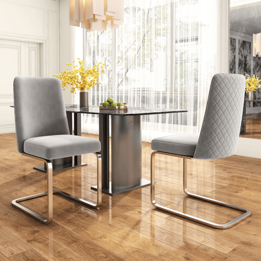 Cadeira de jantar Samt 2 unidades - design diamante, com pernas metálicas prateadas - Cinza