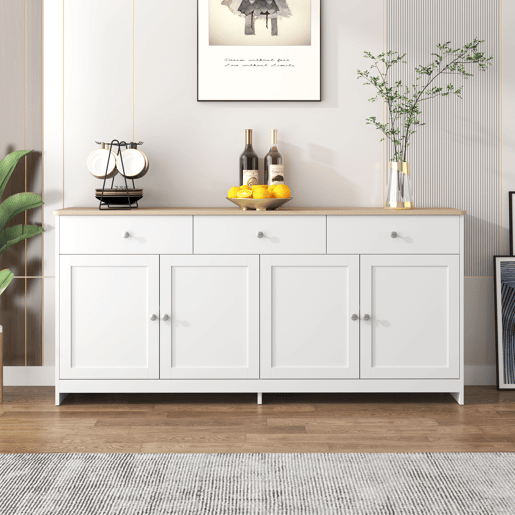 Aparador 160x37x75cm - 4 portas, 3 gavetas, design com veios de madeira branca - Madeira e Branco