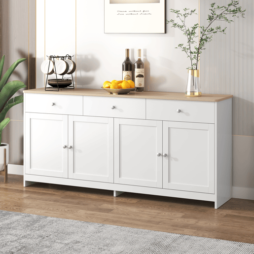 Aparador 160x37x75cm - 4 portas, 3 gavetas, design com veios de madeira branca - Madeira e Branco