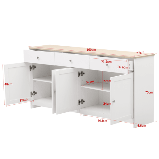 Aparador 160x37x75cm - 4 portas, 3 gavetas, design com veios de madeira branca - Madeira e Branco